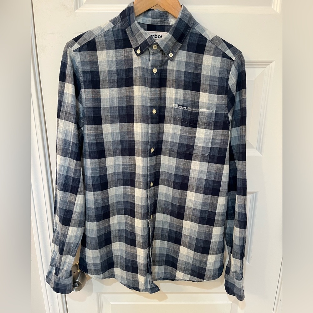 Barbour Blue Plaid Tailored Fit Long Sleeve Flannel Button Up Cotton Men’s Small